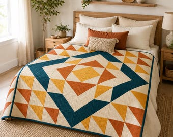 Nowoczesny wzór na kołdrę HST w kształcie diamentu w formacie PDF, geometryczny patchwork z trójkątami o przekroju półkwadratu, wzór na kołdrę dla początkujących, cyfrowe pobieranie instrukcji szycia