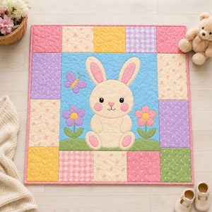 Modèle de courtepointe appliqué lapin (PDF) : patchwork mural pour chambre d'enfant, idéal pour les débutants, motif jardin fleuri, guide de téléchargement instantané