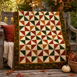 Op de afbeelding: Een rechthoekige quilt met een herhalend patroon van driehoeken in tinten crème, bosgroen, gebrand oranje en goudgeel. De quilt is omrand met een donkergroene stof bedrukt met kleine herfstbladeren in oranje en gele tinten.