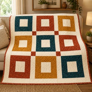 Framed Square Quilt Pattern PDF, Modern Square in Square Quilt, Easy Beginner Patchwork Quilting, 42 Inch Quilt, Instant Download