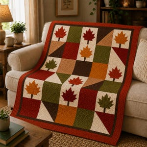 May include: A quilt featuring a grid pattern of squares and triangles in autumn colors including red, orange, brown, and olive green. The design incorporates appliqued maple leaf motifs in various colors against a cream-colored background.