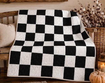 Nowoczesny wzór na kołdrę w szachownicę w formacie PDF, czarno-biała kołdra, łatwy wzór na kwadratowy patchwork, wzór na kołdrę dla początkujących, pobieranie cyfrowe