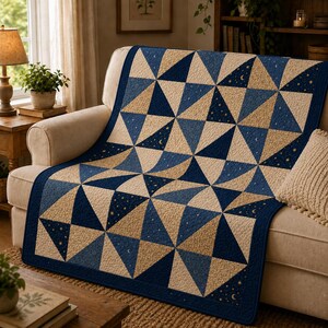 Modernt månskens-pinwheel-quiltmönster, enkelt halvkvadratquiltmönster, himmelsk blå krämdesign, nybörjarmönster, digital PDF-nedladdning