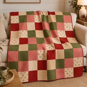 Può includere: Una trapunta patchwork caratterizzata da una griglia ripetuta di blocchi di tessuto quadrati in rosso tinta unita, verde oliva e rosa tenue, intervallati da quadrati color crema decorati con un piccolo motivo floreale marrone.