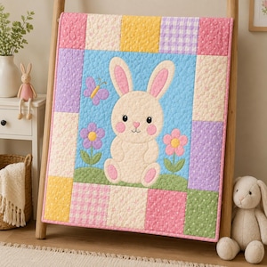 Rabbit Applique Quilt Pattern PDF: Beginner-Friendly Patchwork Nursery Wall-Hanging, Floral Garden Printable Instant-Download Template Guide