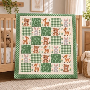 May include: A patchwork baby quilt featuring a repeating grid of forest animals including brown bears, spotted deer, and grey rabbits. The design alternates between animal illustrations, green gingham squares, and green floral patterns with a polka dot border.