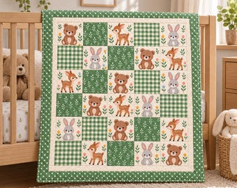 Wzór na kołdrę dla dziecka „Leśny świat” w formacie PDF, łatwy patchwork w kwadraty, wzór na pokój dziecięcy „Króliczek i niedźwiadek”, wzór na kołdrę dla początkujących, pobieranie cyfrowe