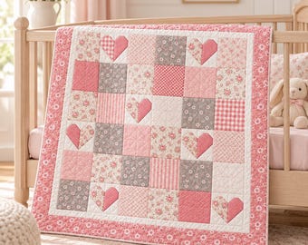 Modèle de courtepointe vintage cœur rose (PDF), patchwork floral, modèle de courtepointe à blocs pour débutants, téléchargement numérique