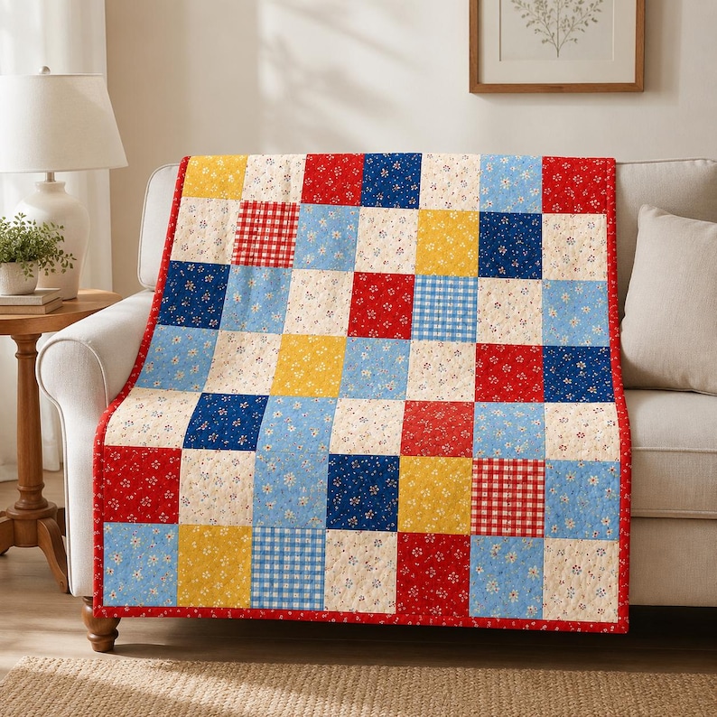 May include: A patchwork quilt featuring a grid of square fabric blocks in red, blue, yellow, and cream. The design incorporates various patterns including small floral prints, gingham checks, and solid colors, all bordered by a red fabric trim.