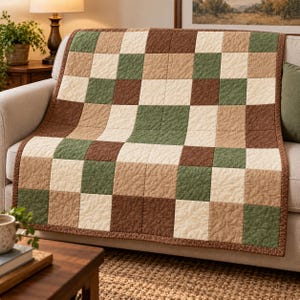May include: A patchwork quilt featuring a repeating grid pattern of square fabric blocks in shades of cream, sage green, tan, and dark brown. The quilt has a textured surface with visible stitching and a thin brown border with small white dots.