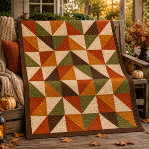 May include: A rectangular quilt featuring a geometric pattern of triangles in shades of cream, olive green, burnt orange, and dark brown. The fabric has a visible quilted texture throughout, and the entire piece is bordered by a solid brown trim.