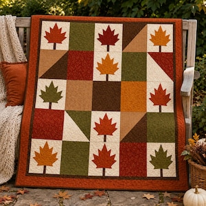 Autumn Fall Maple Leaf Quilt Pattern, Modern Fall Quilt Pattern, HST Quilt, Thanksgiving Quilt, Beginner Patchwork Digital PDF Download
