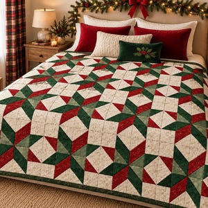 May include: A quilt featuring a geometric star pattern in shades of red, dark green, and cream with a textured fabric finish. The quilt is draped over a bed with several decorative pillows, including two red rectangular pillows and a small green one.