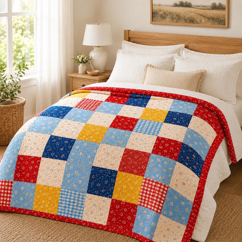 May include: A patchwork quilt featuring a grid of square fabric patches in red, blue, yellow, and cream. The squares display various patterns including small floral prints, gingham checks, and solid colors, finished with a red border trim.