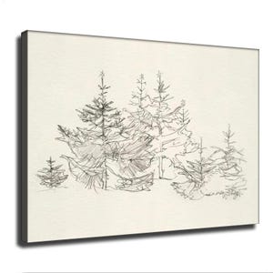 Lámina decorativa de pared con boceto a lápiz de pinos, decoración moderna inspirada en la naturaleza.