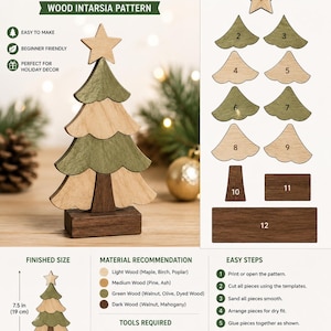 Peut inclure: Un kit de modèle d'intarsia en bois pour sapin de Noël comprenant 12 pièces numérotées, des instructions de montage et des recommandations de matériaux. L'arbre fini mesure 19 cm de haut et 10 cm de large, en bois clair, moyen, vert et foncé.