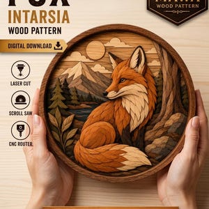 Modello di intarsio in legno di volpe SVG pdf png Download digitale File per taglio laser CNC e sega a traforo Decorazione murale con volpe del bosco Modello fai da te per la lavorazione del legno