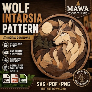 Wolf Wood Pattern SVG Laser Cut File PDF Png Scroll Saw CNC Digital Download | Layered Wooden Cat Intarsia Template | Farmhouse Wall Art