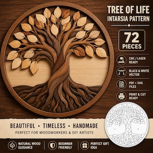 May include: A circular wooden intarsia wall art piece featuring a tree of life design with 72 pieces. The image includes text stating Tree of Life Intarsia Pattern, 72 pieces, CNC/laser ready, black and white vector, PDF and SVG files, and print and cut ready.