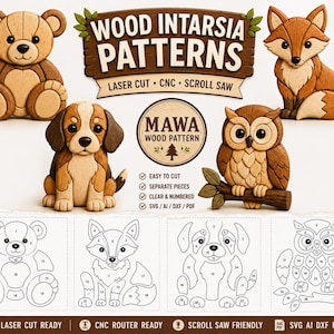 以下が含まれることがあります： クマ、キツネ、イヌ、フクロウの木製象嵌パターン。テキストには、WOOD INTARSIA PATTERNS, LASER CUT, CNC, SCROLL SAW, MAWA WOOD PATTERN, EASY TO CUT, SEPARATE PIECES, CLEAR & NUMBERED, SVG/AI/DXF/PDF, LASER CUT READY, CNC ROUTER READY, SCROLL SAW FRIENDLY, SVG AI DXF PDFと記載されています。