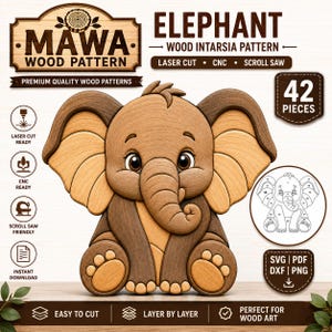 Puede incluir: Un patrón digital de marquetería en madera de un elefante, compuesto por 42 piezas. El diseño incluye etiquetas para corte láser, CNC y sierra de calar, junto con formatos SVG, PDF, DXF y PNG. Se incluye una guía de montaje numerada.