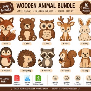 Puede incluir: Un paquete digital de 10 diseños de animales de madera que incluye zorro, oso, búho, ciervo, conejo, pingüino, erizo, mapache, ardilla y perro. El gráfico muestra el texto "WOODEN ANIMAL BUNDLE" y "10 DESIGNS INCLUDED" con iconos de archivos PDF, PNG y SVG.
