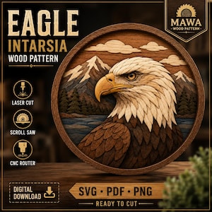 Bald Eagle Wood Intarsia Pattern SVG PDF Png Digital Download | Scroll Saw CNC Laser Cut File | Wildlife Wall Art | Instant Download