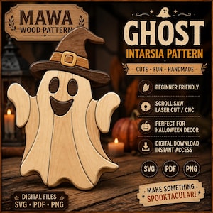 Spökintarsiamönster SVG PDF png, nybörjarmall för Halloween-träbearbetning, rullsågslaserskärning CNC, digital nedladdning