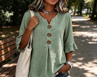 Linen Blend V-Neck Top, Women Summer Button Blouse for Everyday Wear