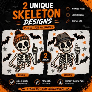 Peut inclure: Deux illustrations de squelettes sur des fonds de papier blanc. Le design 1 montre un squelette avec un bonnet rayé orange et noir. Le design 2 présente un squelette avec un chapeau fedora marron. Les deux font un pouce levé parmi des chauves-souris.