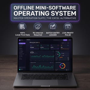 Puede incluir: Un portátil que muestra una interfaz de panel de control oscuro para el sistema operativo Offline Mini-Software. El texto incluye Master Operation Suite, 100% Local-First Data, No Internet Required, Batch-Entry Ledger y Live Profit Pulse.