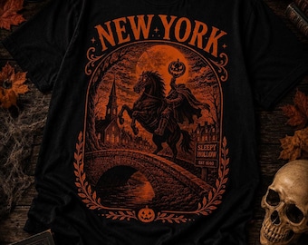 Headless Horseman Halloween Shirt, Black Tee with Orange Sleepy Hollow Art