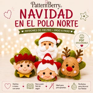 Puede incluir: Un patrón PDF digital para adornos navideños de fieltro con cuatro personajes: Santa Claus, un elfo, la Señora Claus y un reno. El texto dice PatternBerry NAVIDAD EN EL POLO NORTE PATRONES DE FIELTRO PASO A PASO PDF DESCARGABLE.