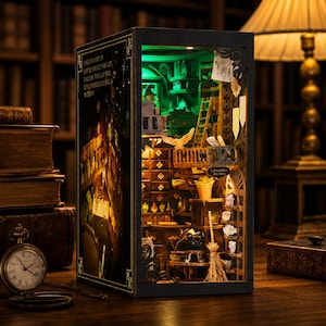 Hexenhaus-Bücherecke zum Selbermachen – 3D-Miniaturbibliothek aus Holz (mit LED-Beleuchtung)