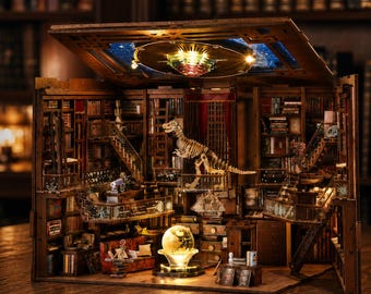 Wooden Book Nook Kit – Miniature Library Diorama with Dinosaur, Globe, LED Lights