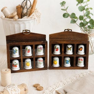 Vintage Porcelain Thimble Set in Wooden Display Case – 6 Floral & Butterfly Thimbles –  Collector Gift