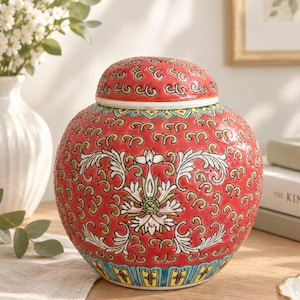 Vintage kinesisk Famille Rose ingefärsburk röd blommig porslin med lock Chinoiserie-dekor