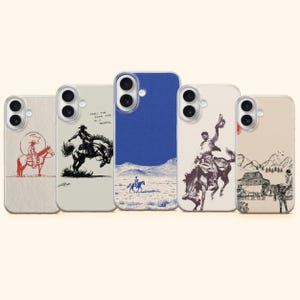 May include: Five phone cases featuring cowboy and western illustrations. The first shows a red cowboy on a horse, the second a bucking horse with text, the third a blue desert scene, the fourth a bucking horse, and the fifth a ranch scene.
