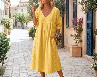 Vestido largo bohemio de algodón y lino / Vestido holgado informal de corte cottagecore para mujer, ideal para vacaciones de verano.