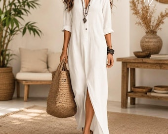 Boho Cotton Linen Maxi Dress | Button Front Shirt Style Long Sleeve Casual Outfit