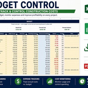 May include: A digital budget control spreadsheet template for construction costs. The document features columns for project names, cost categories, budget amounts, actual costs, and variance. Icons for Excel, Google Sheets, and PDF user guides are included.