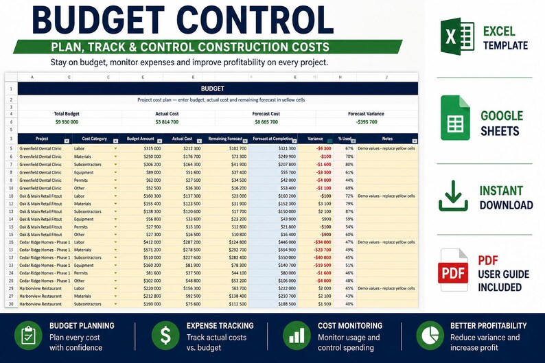 May include: A digital budget control spreadsheet template for construction costs. The document features columns for project names, cost categories, budget amounts, actual costs, and variance. Icons for Excel, Google Sheets, and PDF user guides are included.