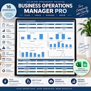 Puede incluir: Una hoja de cálculo digital Business Operations Manager Pro en la pantalla de una computadora portátil, con 16 hojas de trabajo, gestión de tareas, seguimiento de proyectos y paneles de capacidad de equipo con gráficos azules y métricas.