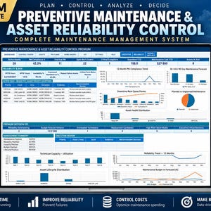 Puede incluir: Un panel de control digital para un sistema de mantenimiento preventivo y control de fiabilidad de activos mostrado en una pantalla de portátil. La interfaz presenta varias tablas de datos, gráficos de barras y líneas que rastrean métricas.