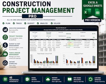 Construction Project Management PRO Dashboard Excel Google Sheets Project Tracker Budget Template