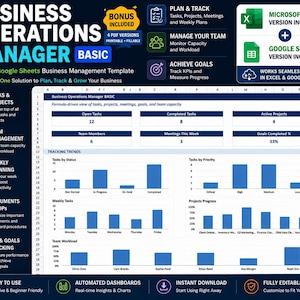 May include: A Business Operations Manager Basic template for Excel and Google Sheets featuring a dashboard with data tables, bar charts for tracking tasks, projects, team workload, and goals. The layout includes sections for planning, team management, and KPI tracking.