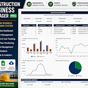 Può includere: Un'interfaccia di foglio di calcolo digitale intitolata Construction Business Manager Pro che presenta una dashboard esecutiva con tabelle dello stato del progetto, grafici a barre per i costi e un grafico a torta.