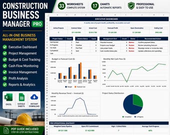 Construction Business Manager PRO Excel Template, Project Management Spreadsheet, Budget, Invoice, Cash Flow, Google