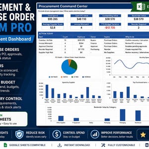 May include: A Procurement & Purchase Order System Pro Excel management dashboard featuring a command center with data tables, a pie chart, line graphs, and bar charts. The interface displays metrics for spend, PO values, and supplier performance in blue and white.