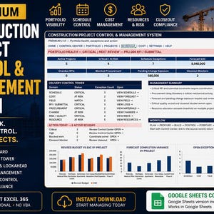 Op de afbeelding: Een digitaal dashboard voor bouwprojectbeheersing en -management voor Microsoft Excel 365. De interface toont de status van de portefeuille, statistieken van de delivery control tower, managementoverzichten, werkstromen en staafdiagrammen.